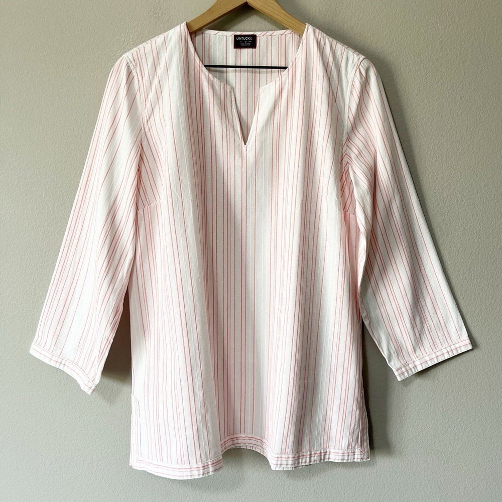 UNTUCKit Durfort Striped V-Neck Tunic Top White Pink Stripe Cotton Size US 12